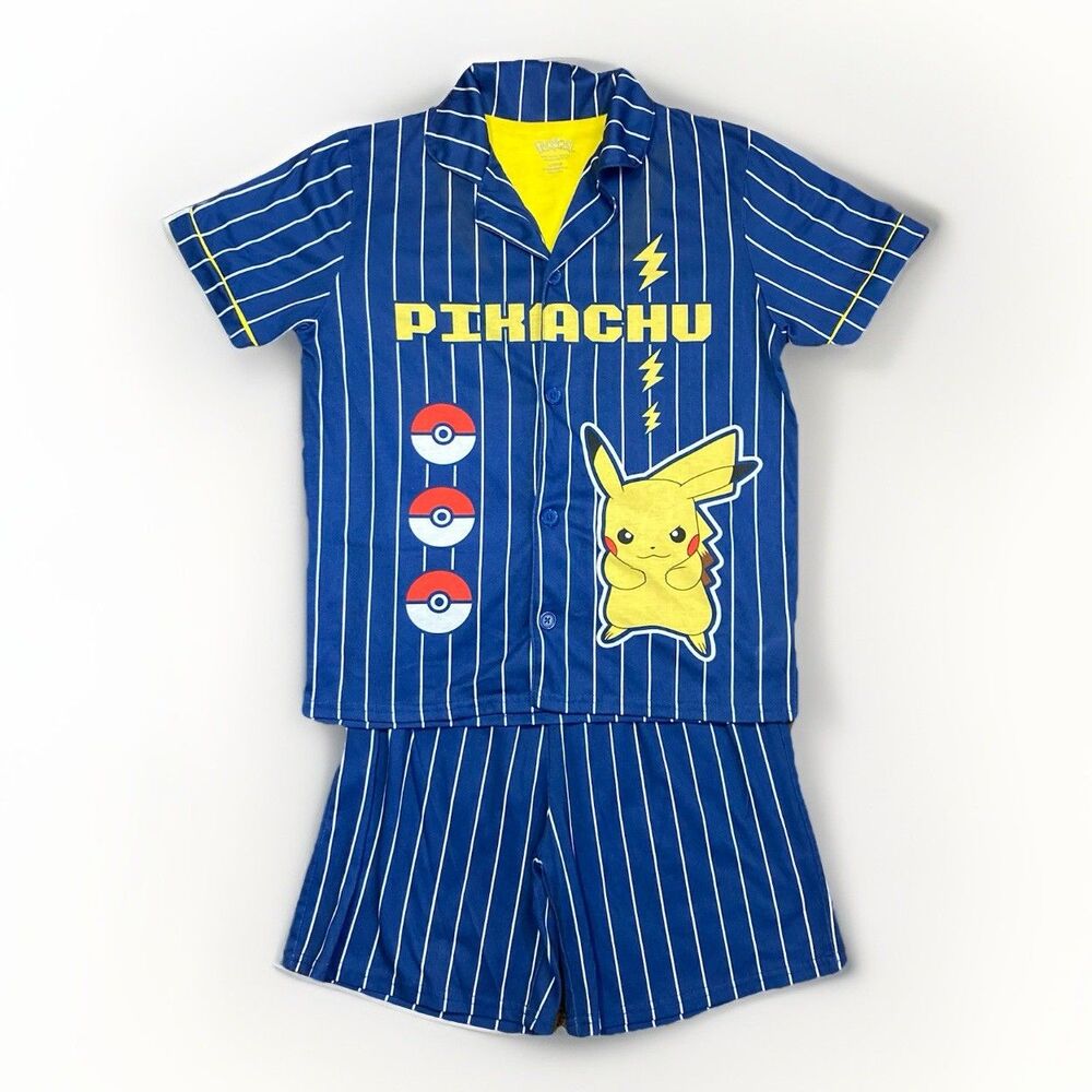 Pokemon Boys Pikachu 2pc Set Short Sleeve Baseball Jersey Shirt Pajama L 10/12